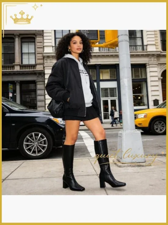 Knee High Boots Chunky Heel Side Zip Pointed Toe